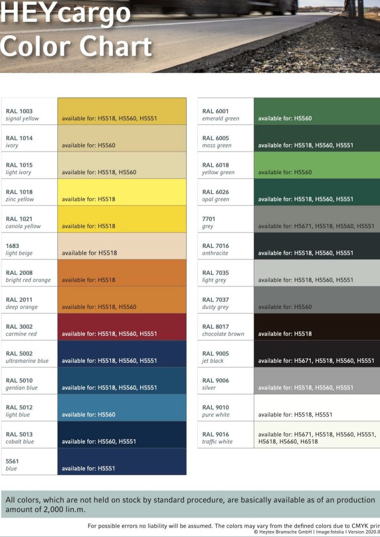 Heytex colour chart - TENTS AND COVERS